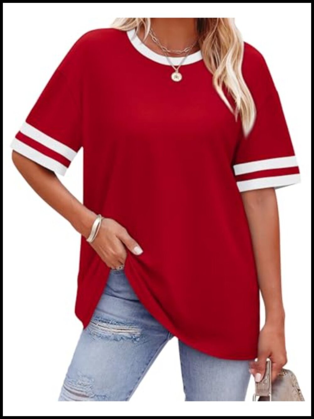 Loose Fit Short Sleeve T-Shirt Crew Neck Color Block Summer Top